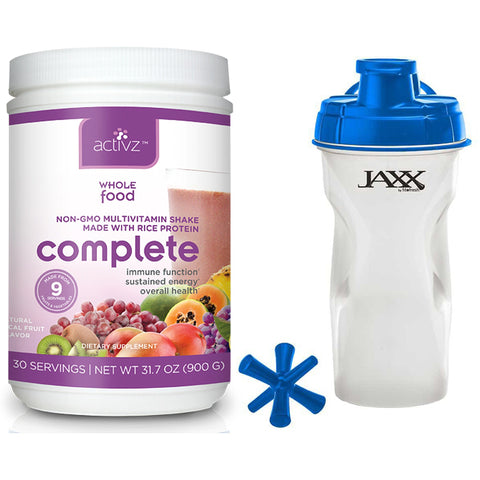 Food for Health Complete Whole Food Multivitamin Shake 1 lb 13.6 oz and Jaxx Shaker Blue 28 oz - Biosource Nutrition